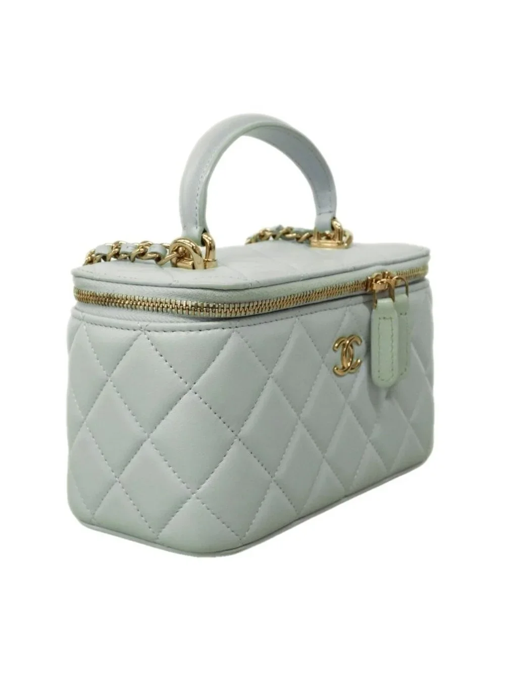 Chanel Vanity Bag Quilted Lambskin Sky Blue Champagne Gold 2-Way Bag